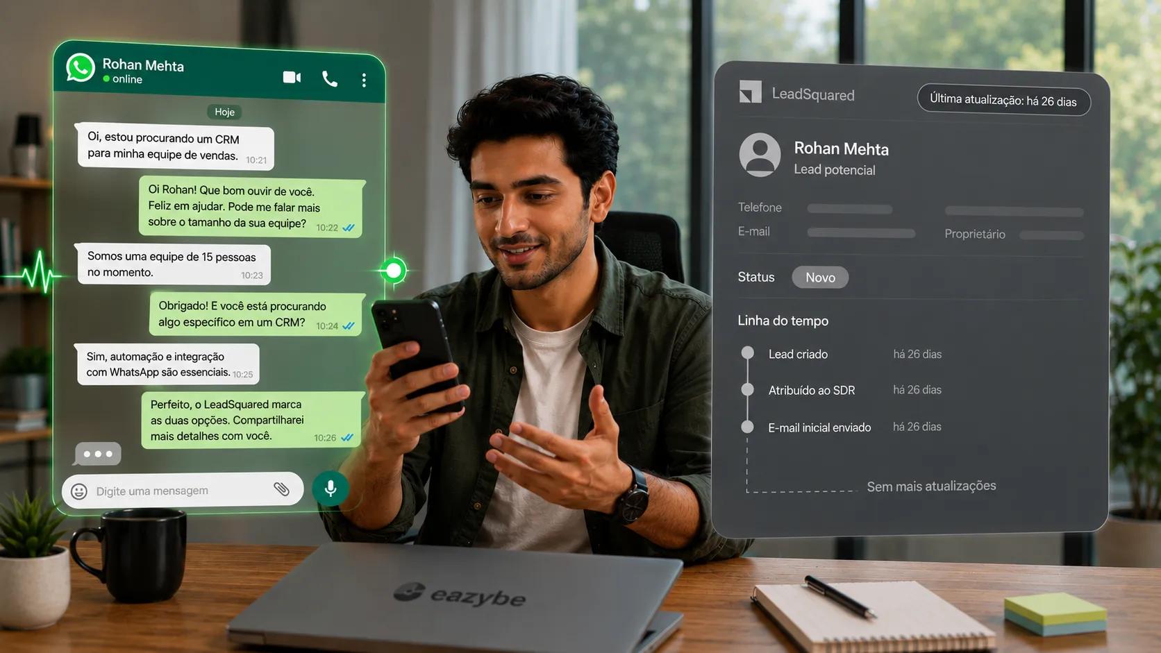 Conversa ativa no WhatsApp ao lado de um registro de lead no LeadSquared atualizado pela última vez há 26 dias