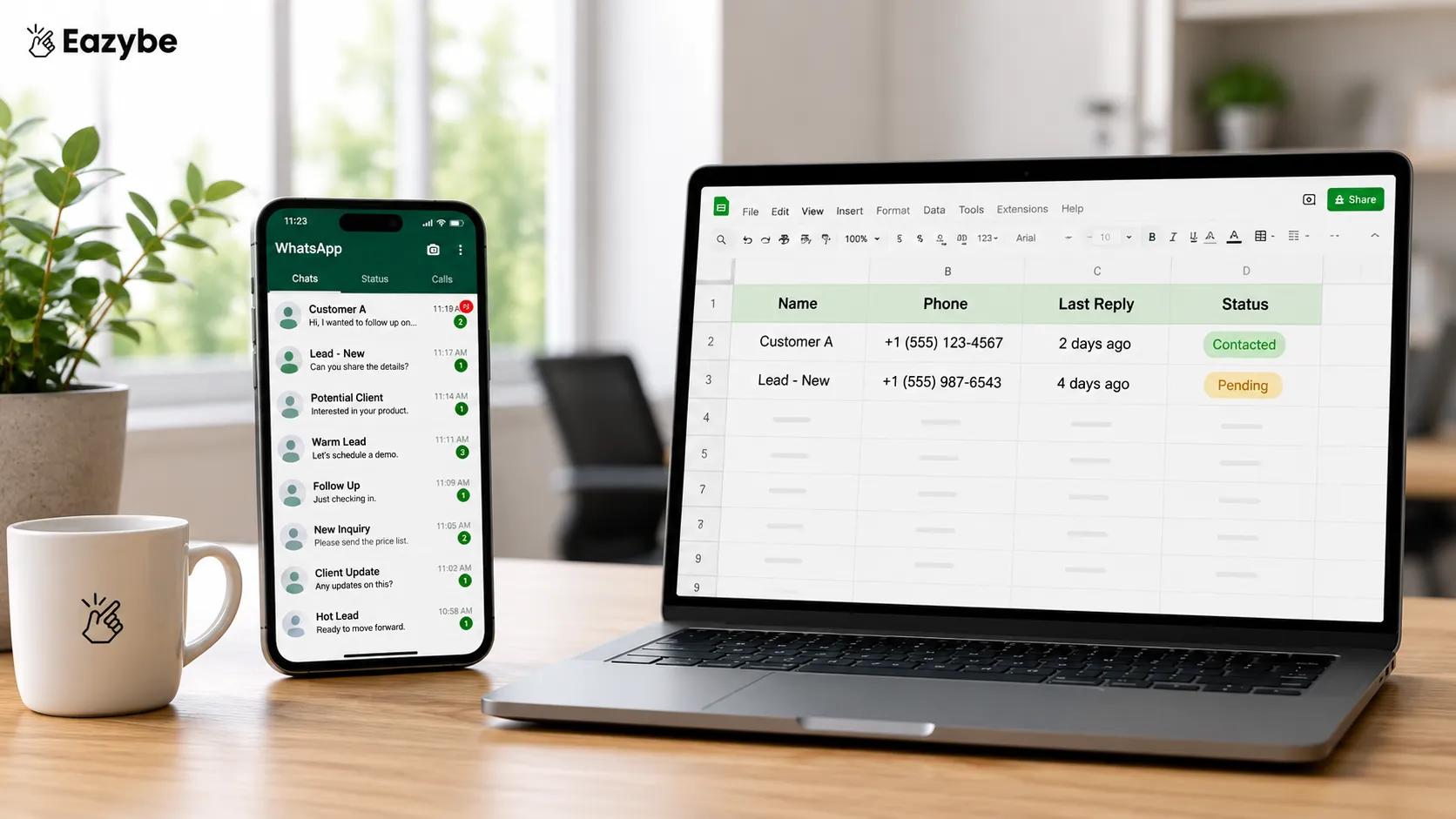 WhatsApp chats backing up to a Google Sheet with name, phone, last reply and status