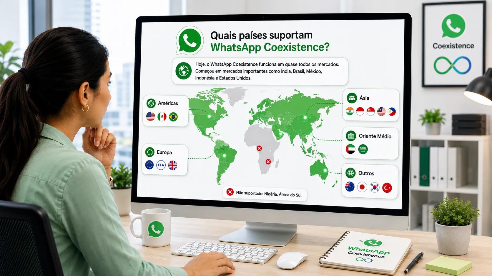 Mapa de países compatíveis com o WhatsApp Coexistence