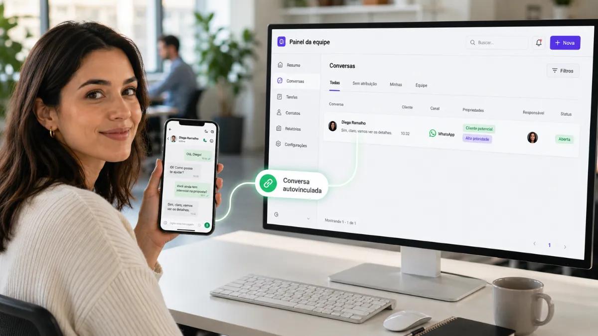 Conversa de WhatsApp de um número pessoal vinculada automaticamente ao painel de CRM da equipe