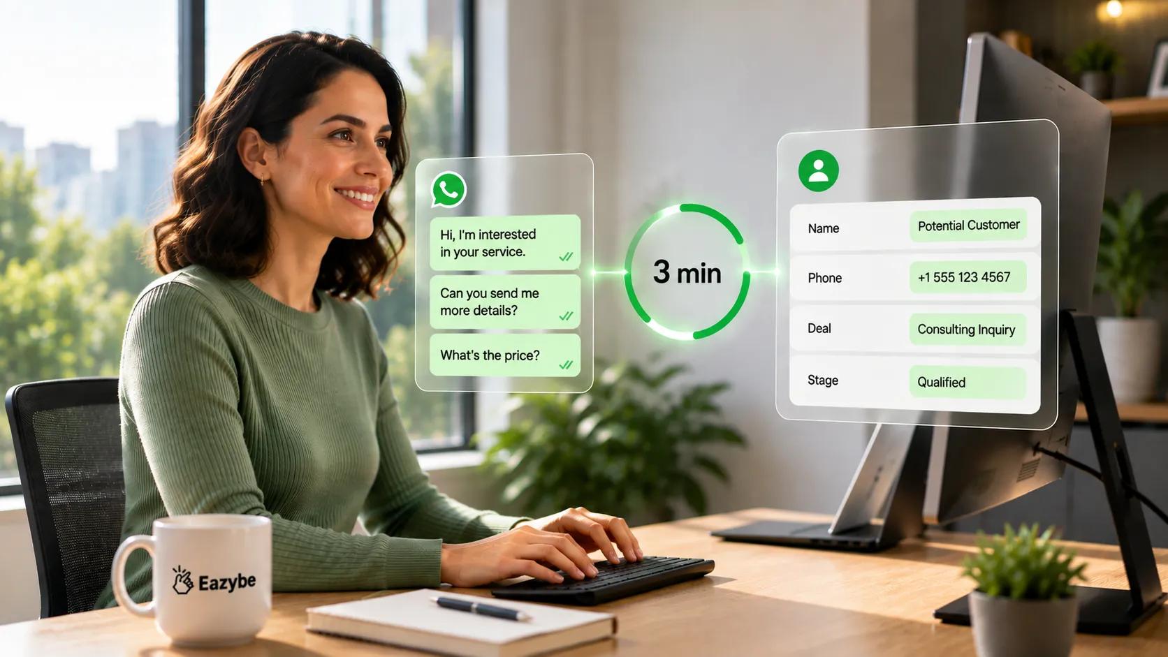 WhatsApp chat updating Bitrix24 contact and deal fields automatically in 3 minutes