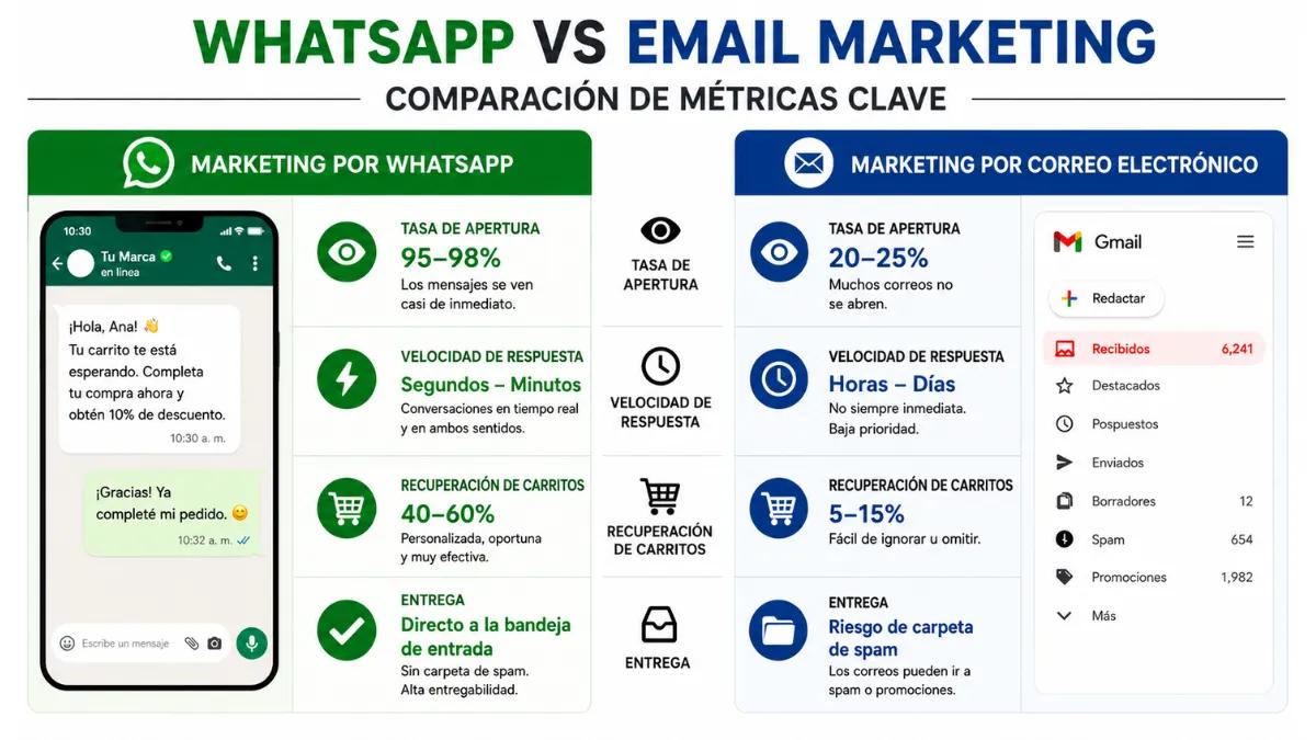 WhatsApp vs marketing por correo electrónico: métricas clave comparadas