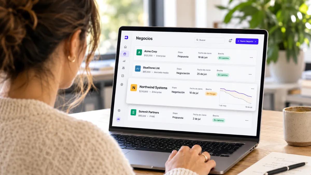 Vista de negociaciones del CRM con señales de interacción que marcan las que están en riesgo y las que van por buen camino