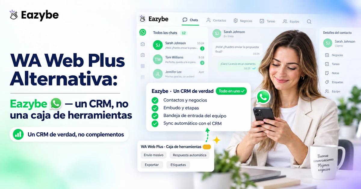 Alternativa a WA Web Plus: Eazybe para equipos que necesitan un CRM, no una caja de herramientas