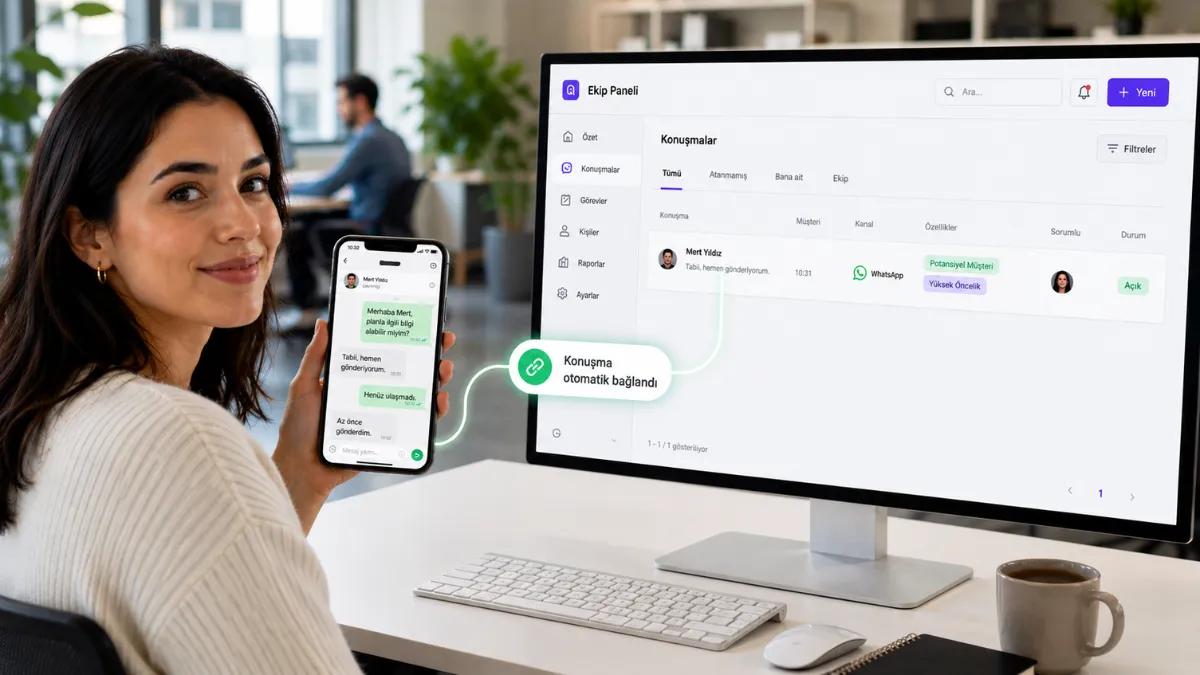 Ekip CRM panosuna otomatik bağlanan kişisel bir numaradan WhatsApp sohbeti