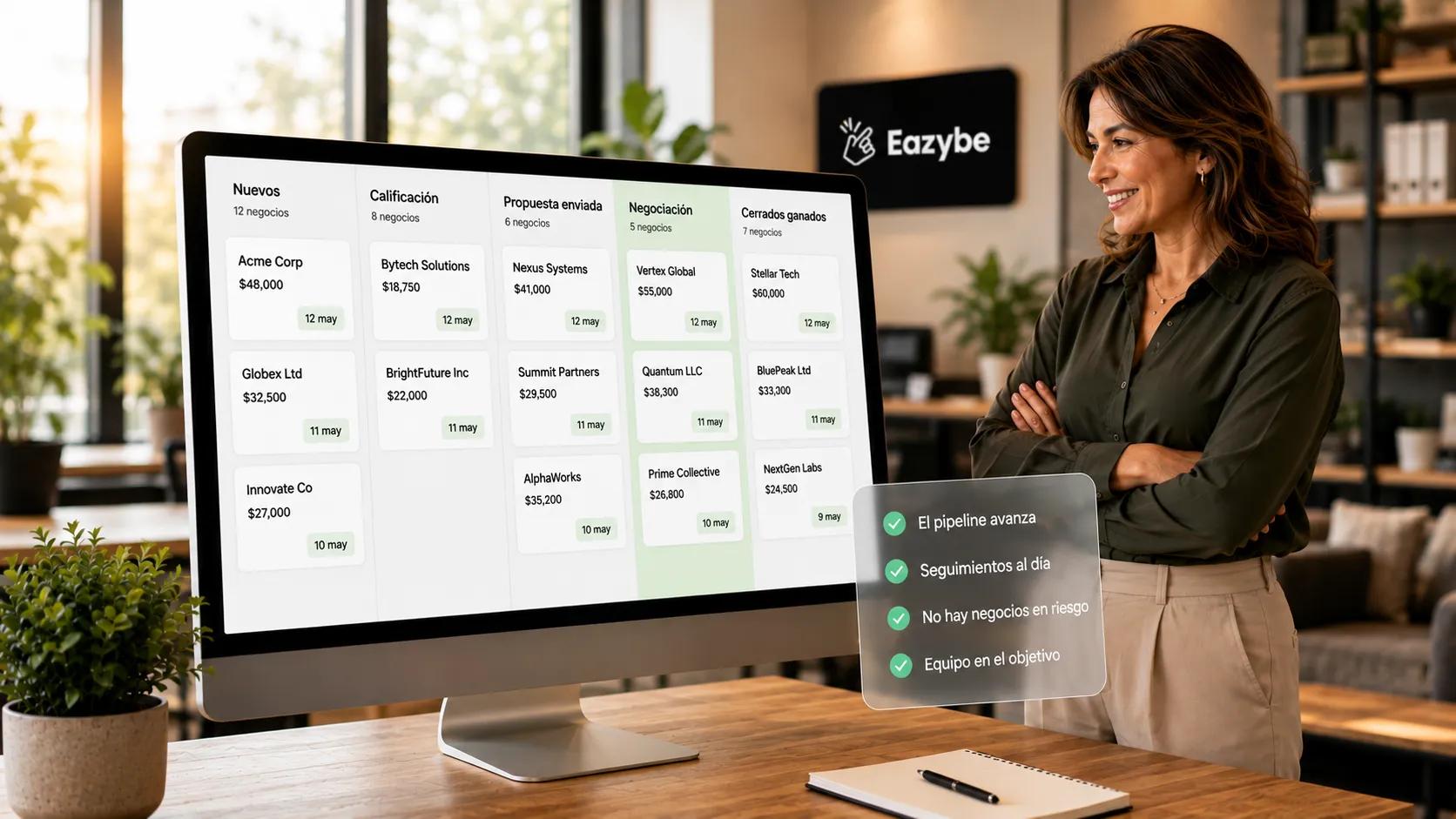 Tablero de pipeline de HubSpot mostrando etapas de negocios y estado de seguimiento tras actualizaciones automáticas