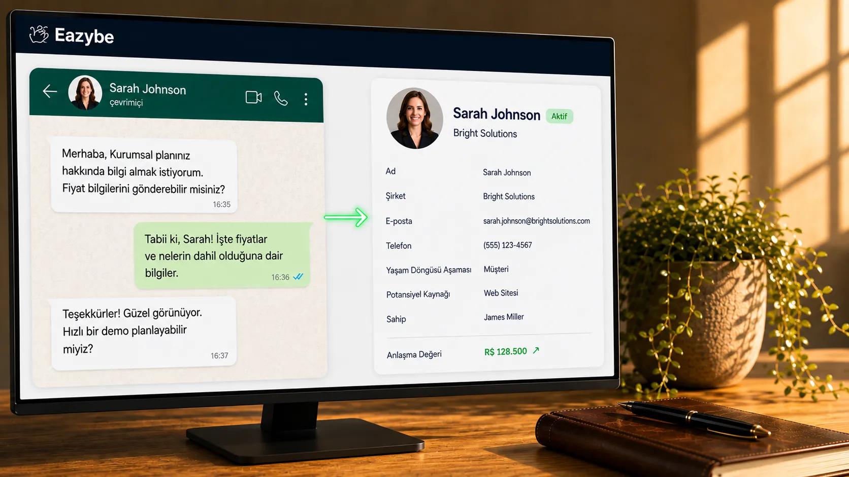 Eazybe gelir istihbaratı bir WhatsApp sohbetini anlaşma değeriyle birlikte bir kişi kaydına senkronize ediyor
