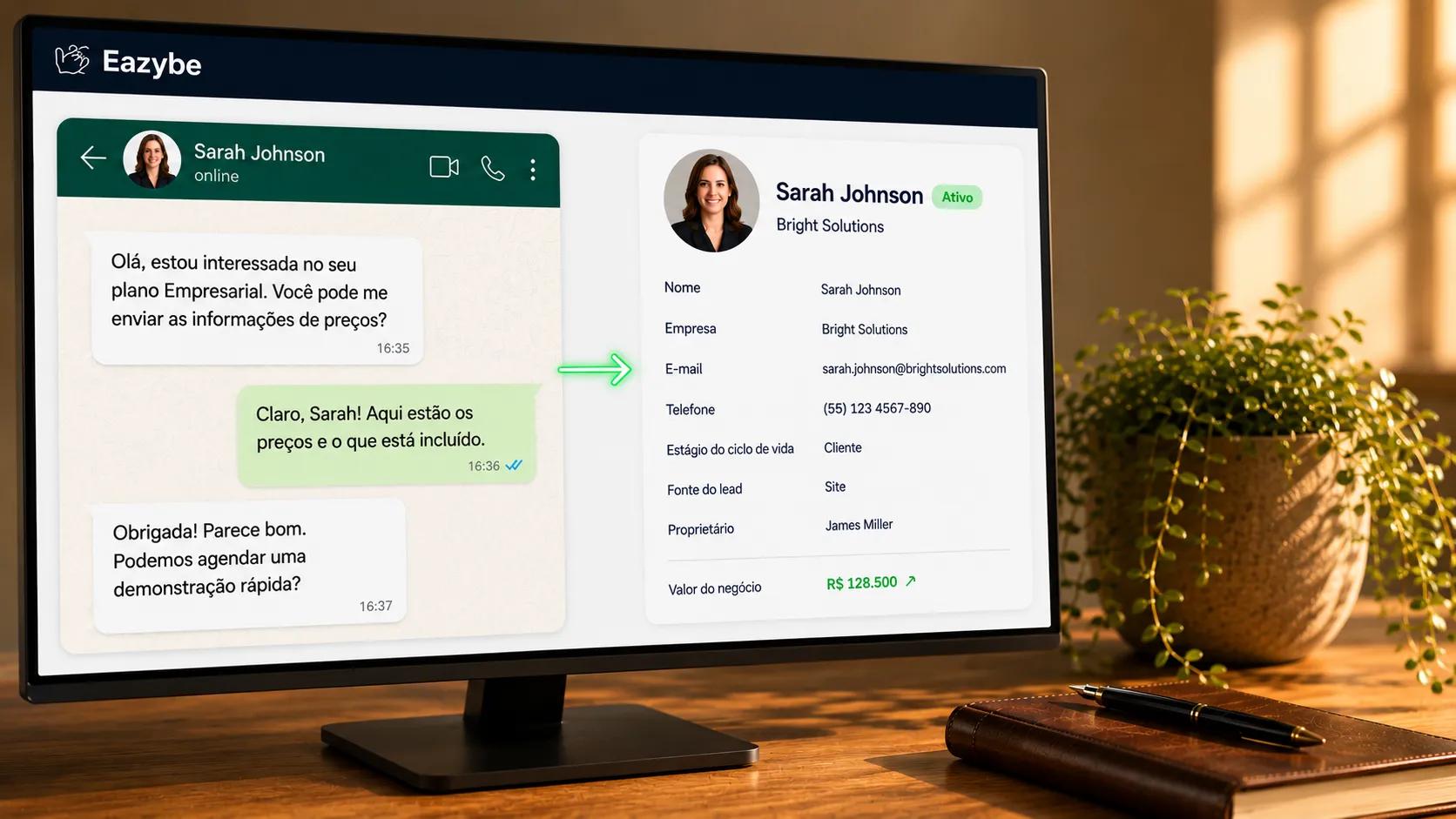 Eazybe revenue intelligence sincronizando uma conversa do WhatsApp com um registro de contato com valor do negócio