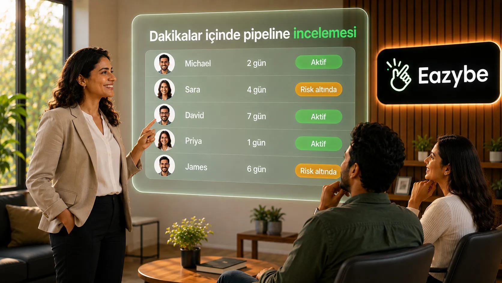 Satış yöneticisi, temsilci bazında aktif ve riskli fırsatları gösteren Bitrix24 satış hattını incelerken