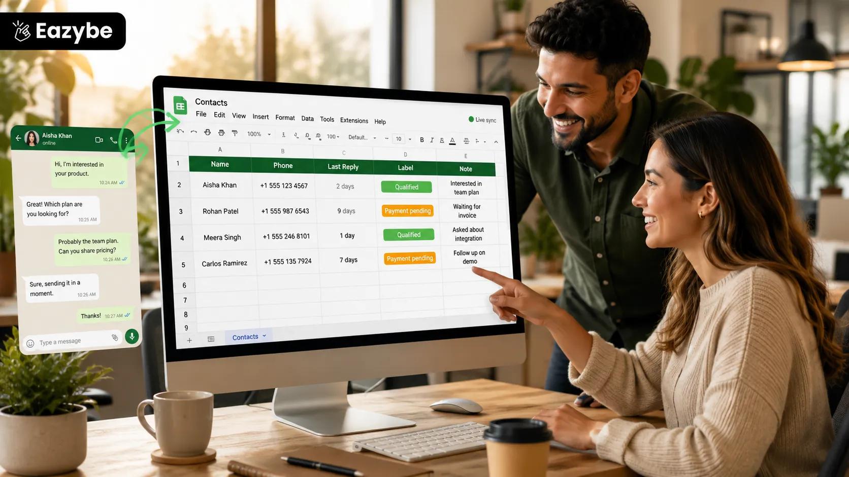 Small team tracking WhatsApp leads in a live-synced Google Sheet CRM