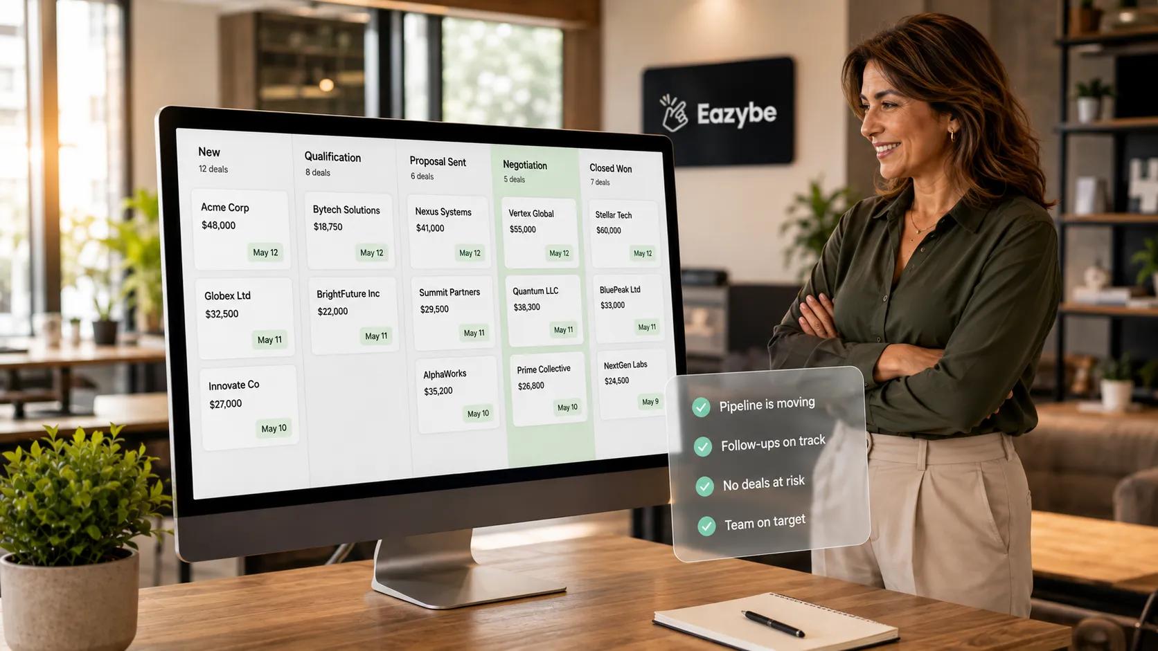 HubSpot pipeline board showing deal stages and follow-up status after auto-updates