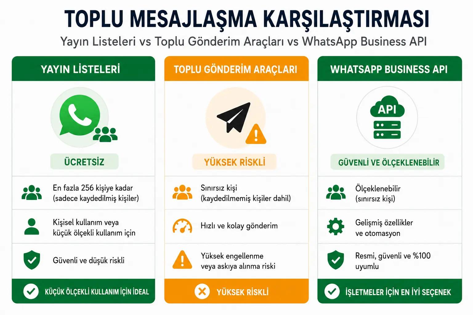 Toplu WhatsApp mesajları göndermek için WhatsApp yayın listelerinin, toplu gönderen araçlarının ve Business API'sinin karşılaştırılması