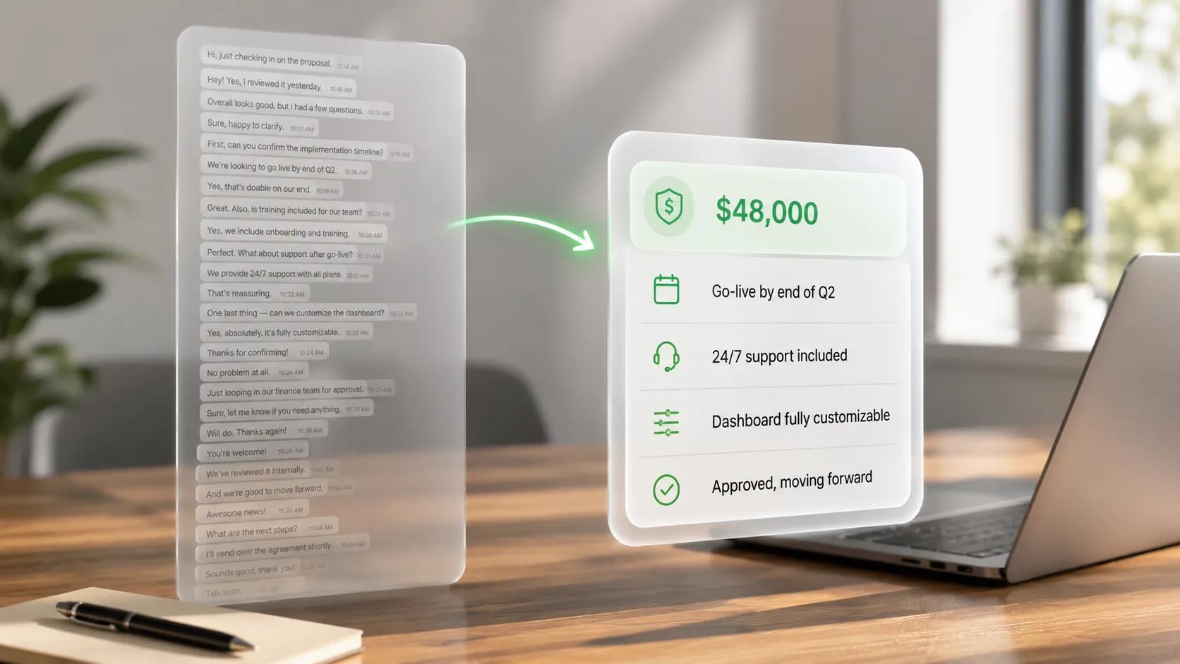 Long WhatsApp thread condensed into key HubSpot deal details and amount