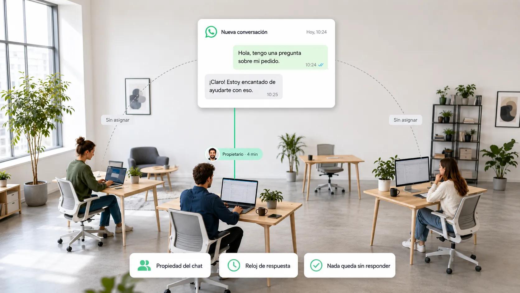 Colaboración en equipo en Eazybe con propiedad de chat y reloj de respuesta