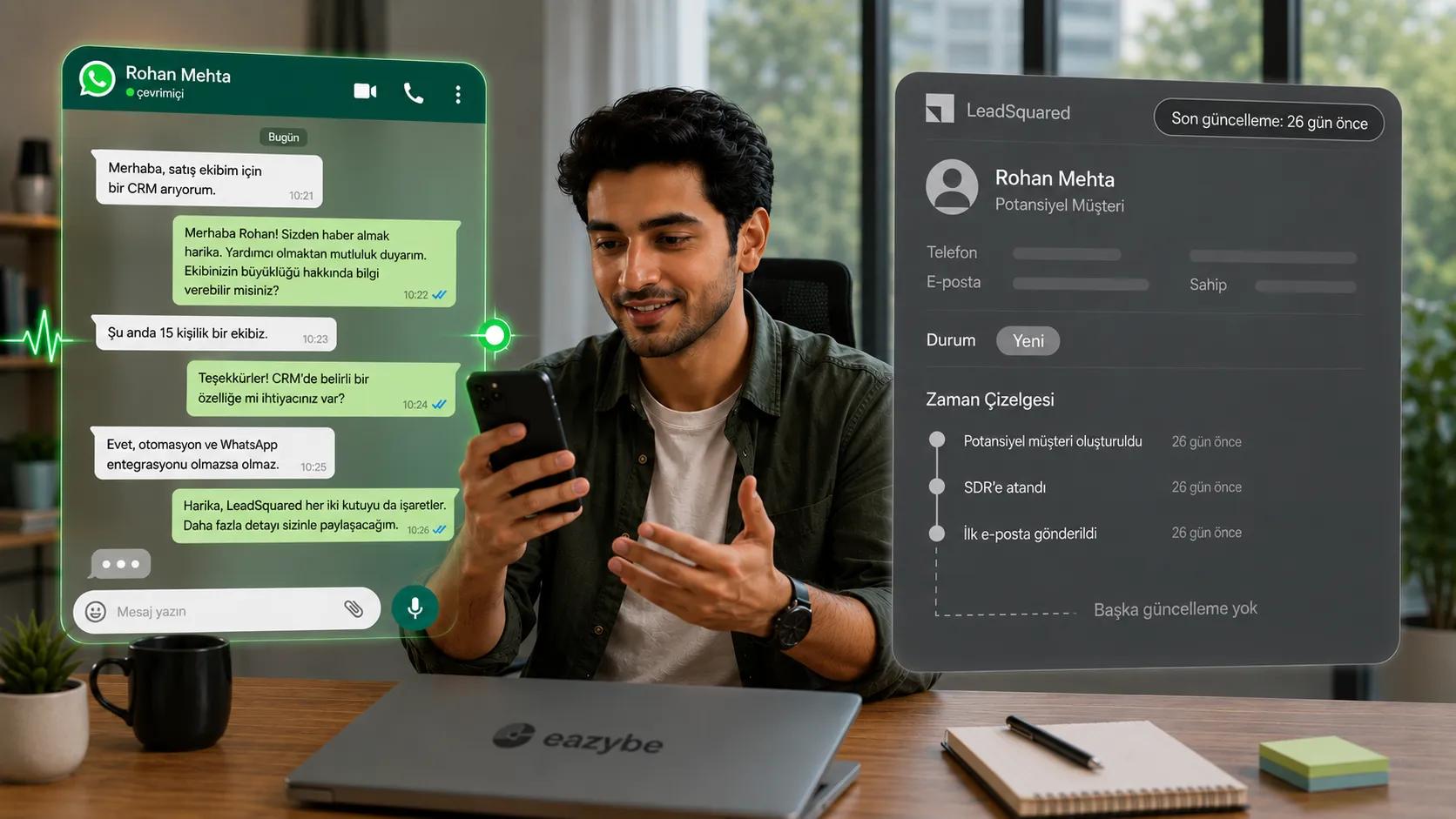 26 gün önce son güncellenen bir LeadSquared lead kaydının yanında aktif WhatsApp sohbeti