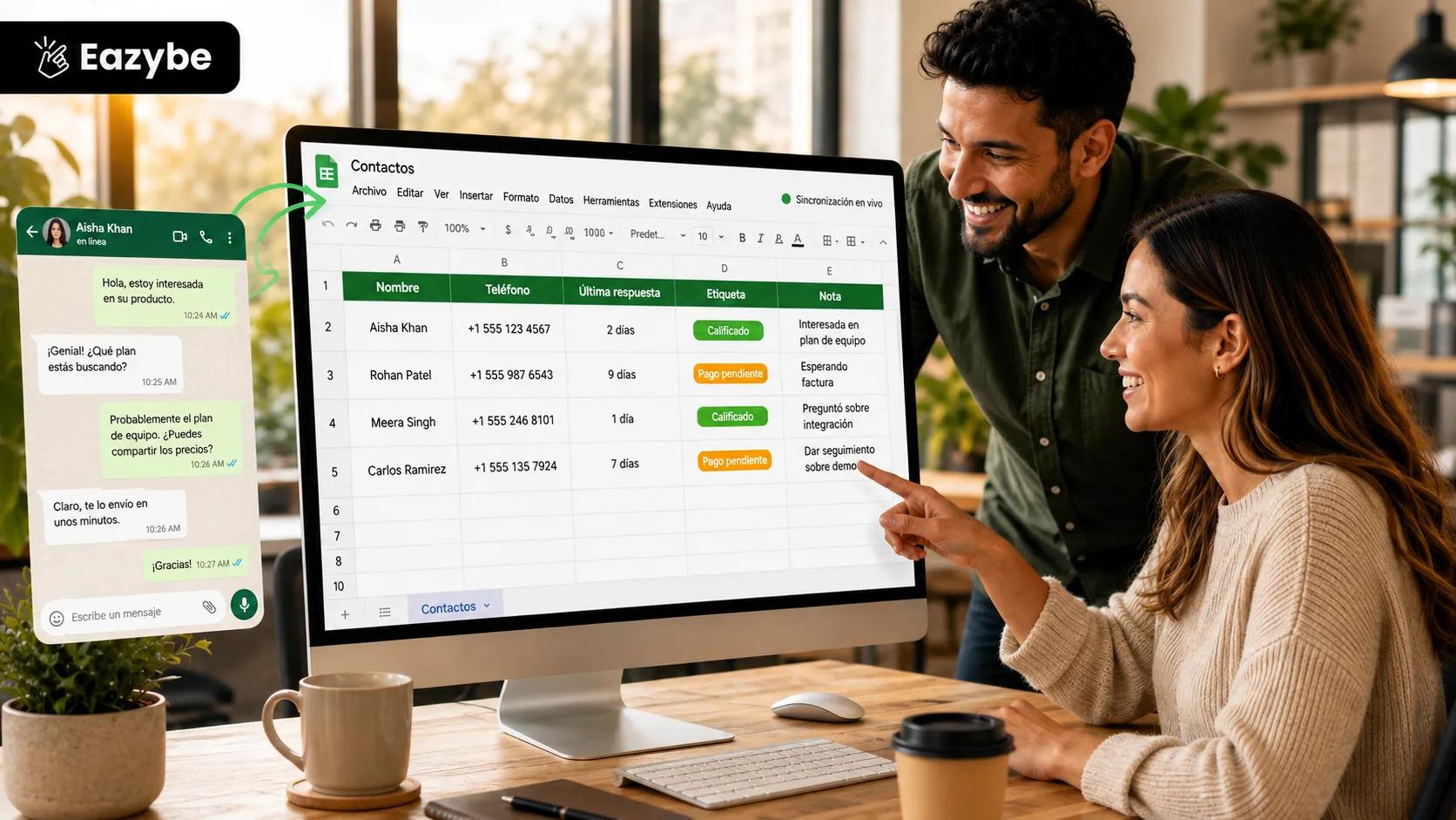 Equipo pequeño rastreando leads de WhatsApp en un CRM de Google Sheet con sincronización en vivo