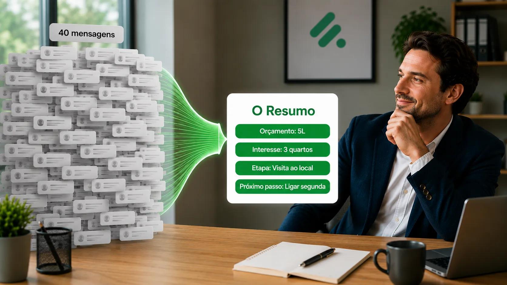40 mensagens do WhatsApp condensadas em orçamento, interesse, estágio e próximo passo