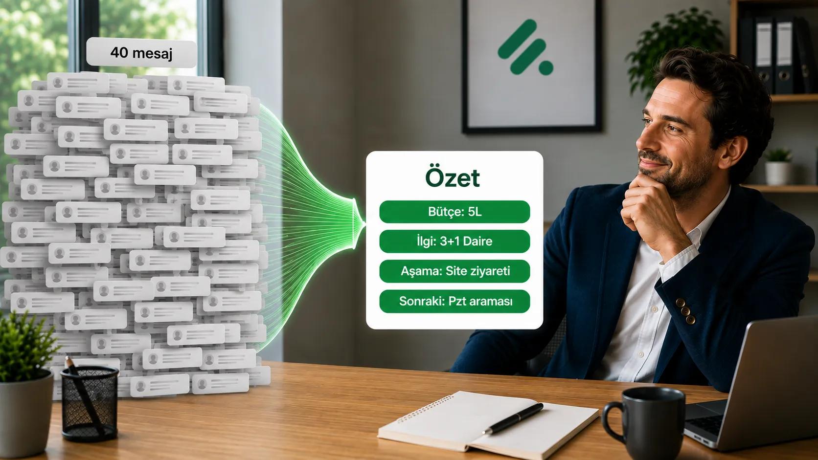 40 WhatsApp mesajı bütçe, ilgi, aşama ve sonraki adıma özetlenmiş