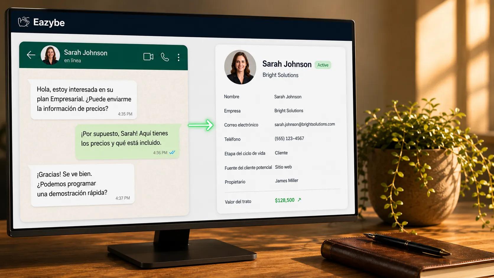 Eazybe revenue intelligence sincronizando un chat de WhatsApp con un registro de contacto con valor de trato