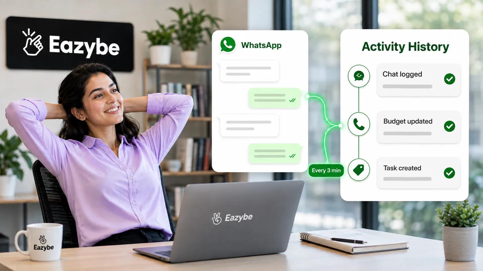 Eazybe syncing WhatsApp chats to LeadSquared activity history every 3 minutes