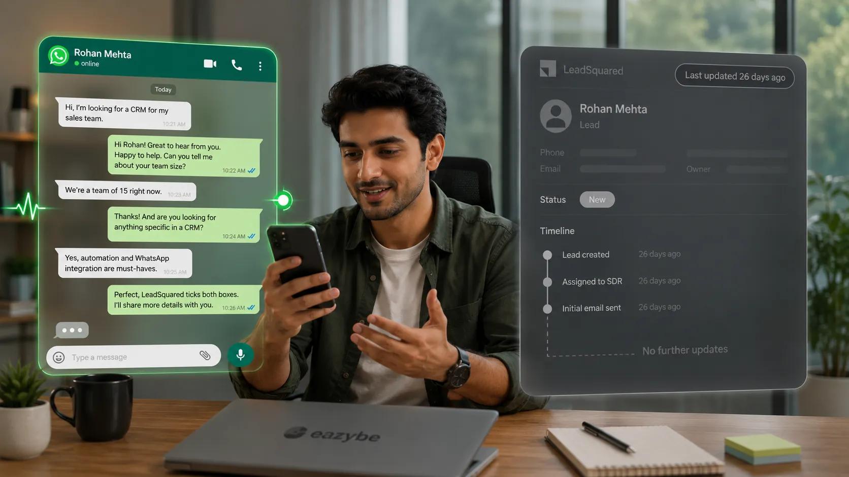 Active WhatsApp chat next to a LeadSquared lead record last updated 26 days ago