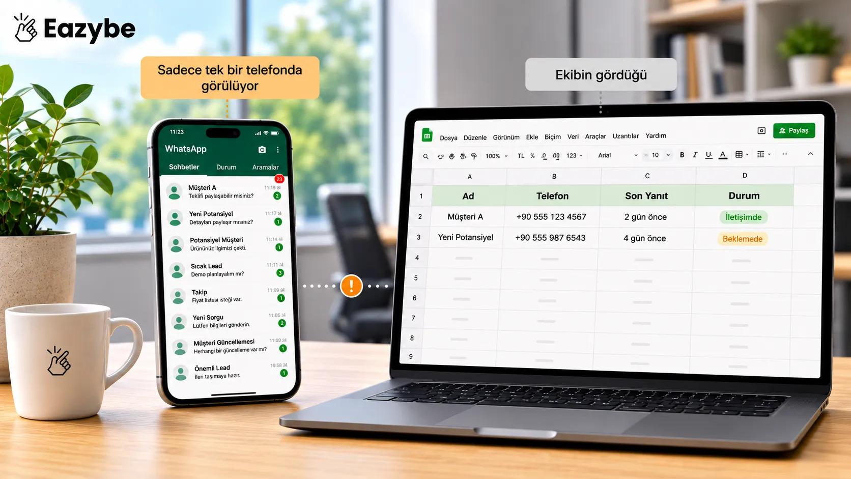 Ad, telefon, son yanıt ve durumla Google Sheet'e yedeklenen WhatsApp sohbetleri