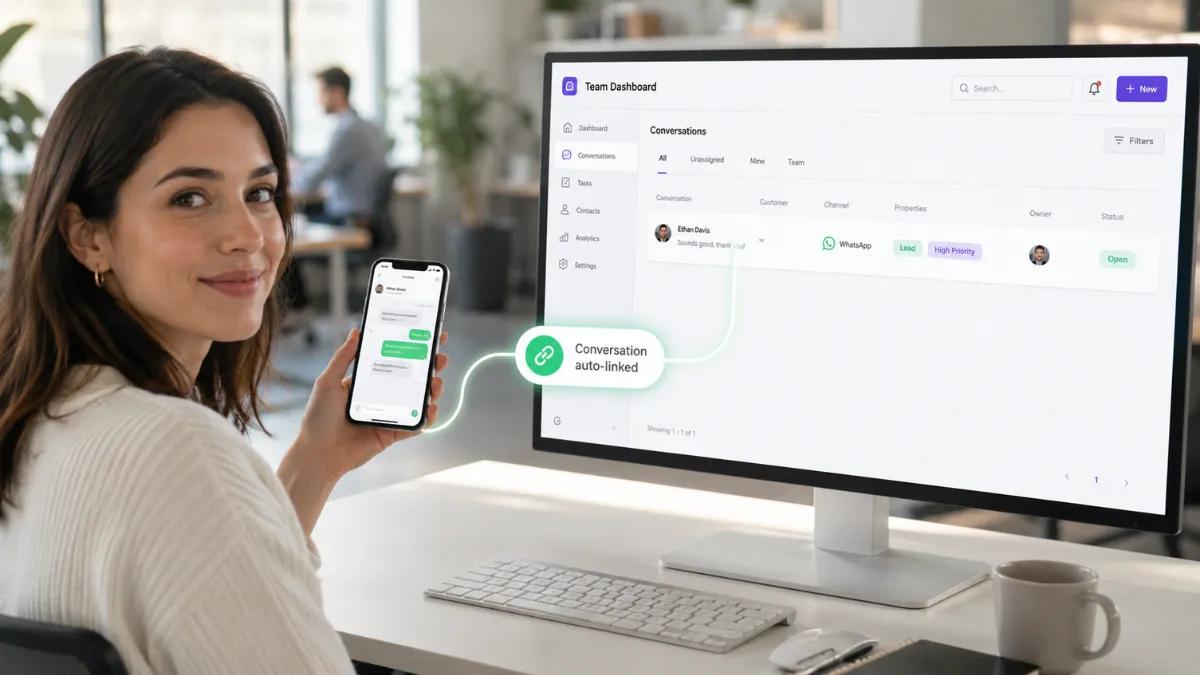 WhatsApp chat from a personal number auto-linked to the team CRM dashboard