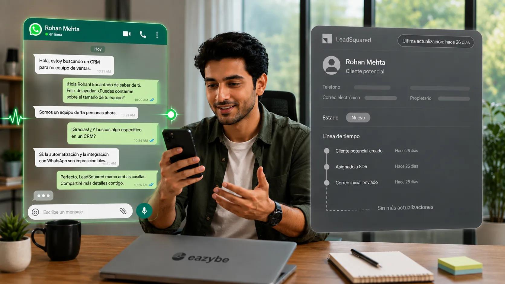 Chat activo de WhatsApp junto a un registro de lead de LeadSquared actualizado por última vez hace 26 días