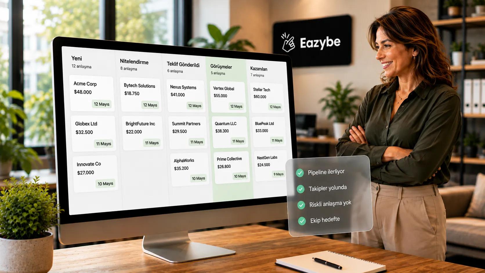 Otomatik güncellemelerden sonra anlaşma aşamalarını ve takip durumunu gösteren HubSpot satış hattı panosu