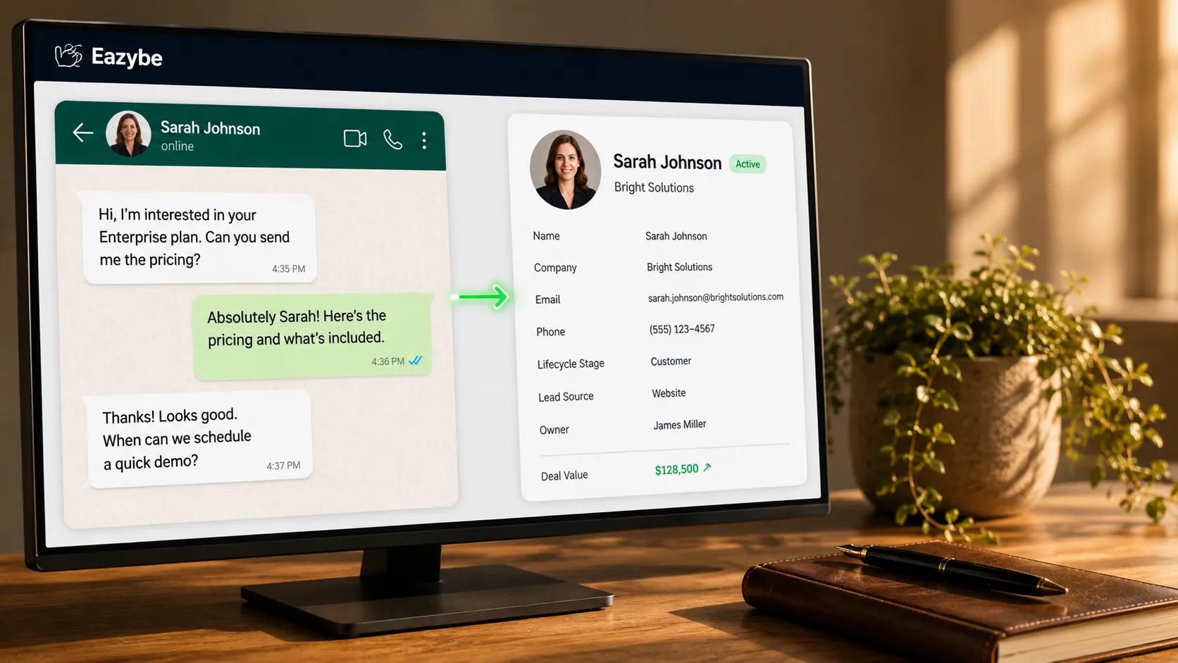 Eazybe revenue intelligence syncing a WhatsApp chat to a contact record with deal value