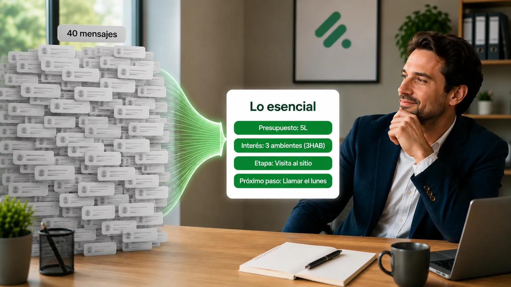 40 mensajes de WhatsApp condensados en presupuesto, interés, etapa y siguiente paso