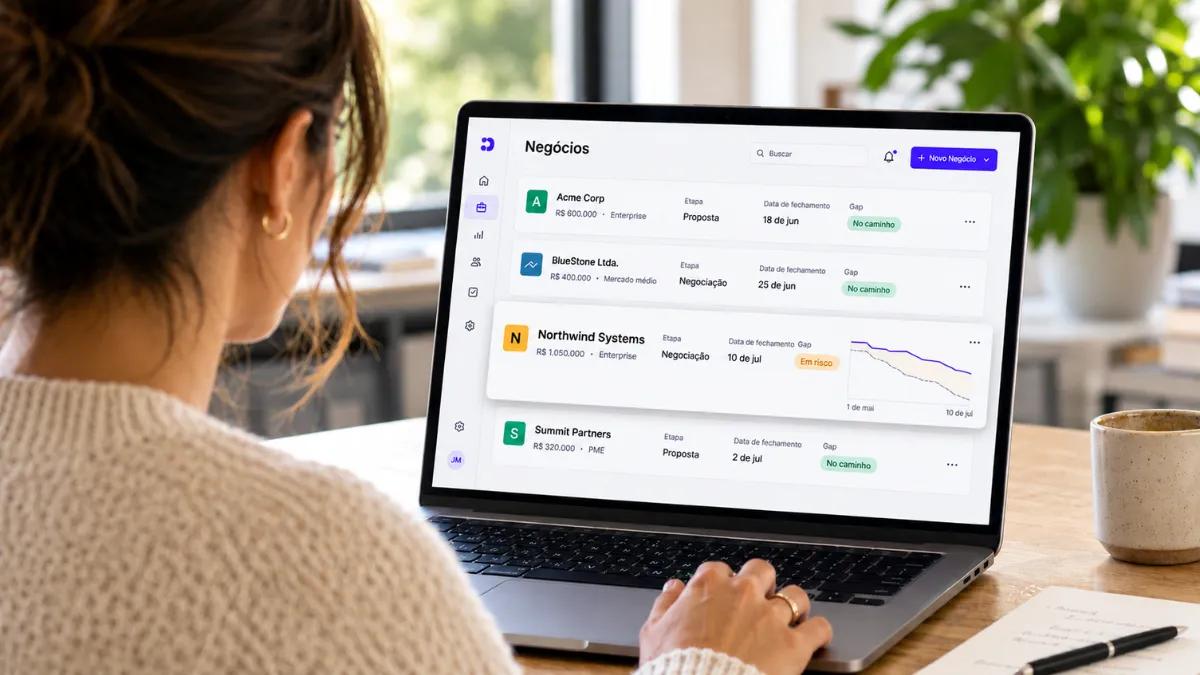 Visão de negócios do CRM com sinais de engajamento marcando negócios em risco e no caminho certo
