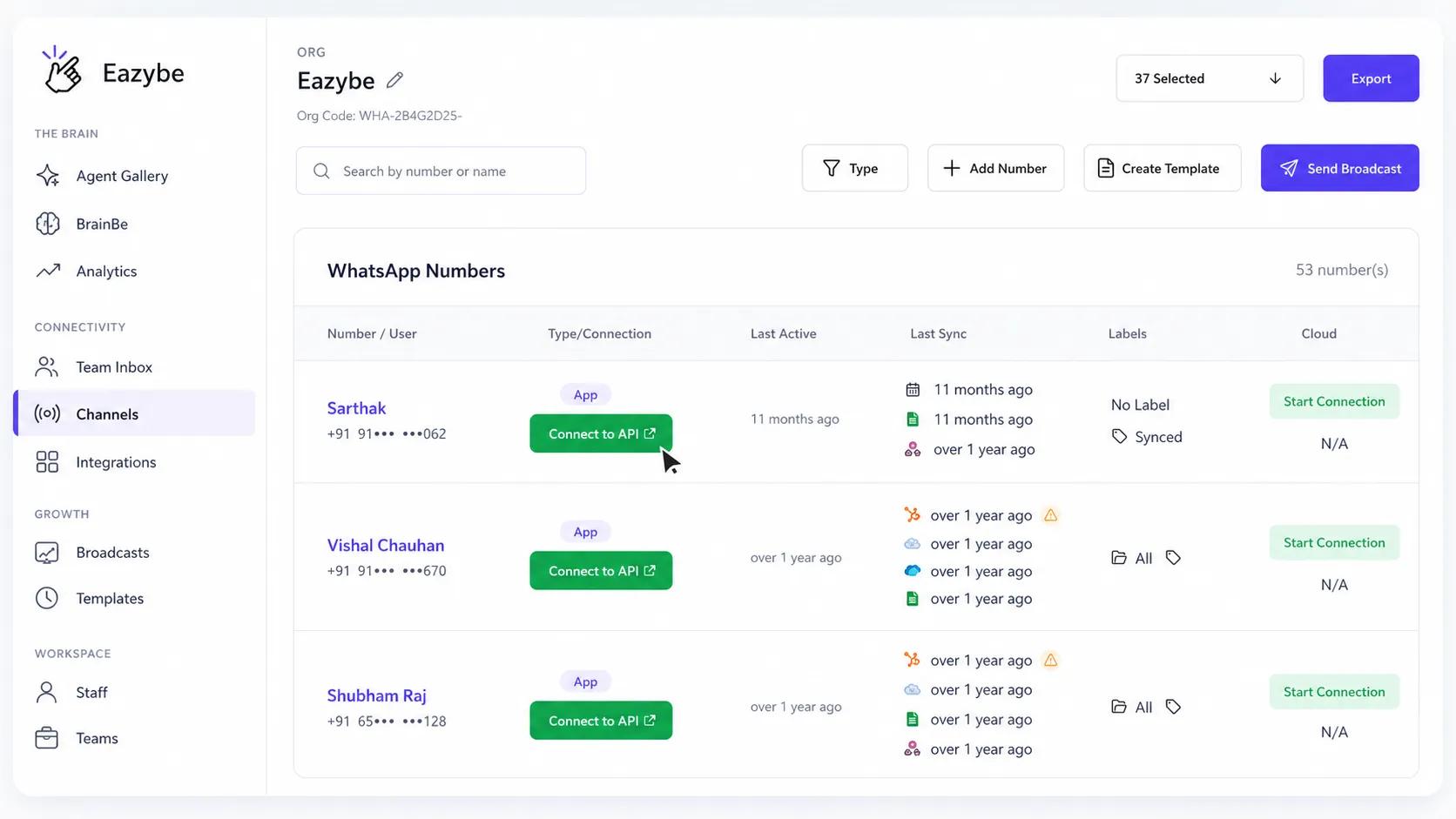Eazybe WhatsApp Coexistence dashboard
