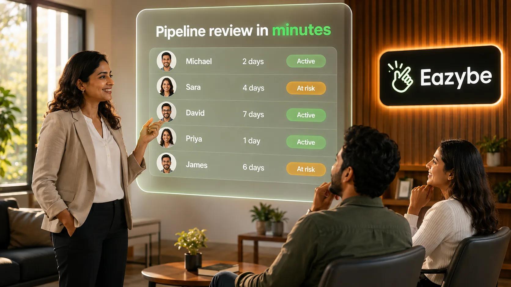 Sales manager reviewing Bitrix24 pipeline showing active and at-risk deals by rep