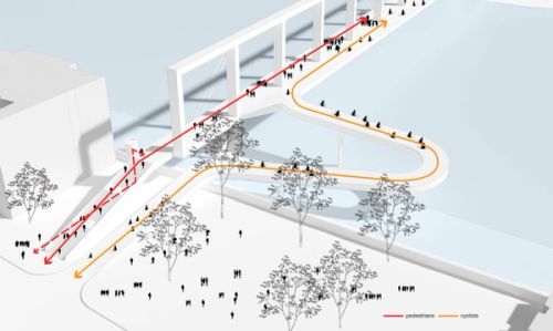 Landing of pedestrian and cyclist ramps in the Pimlico Garden
