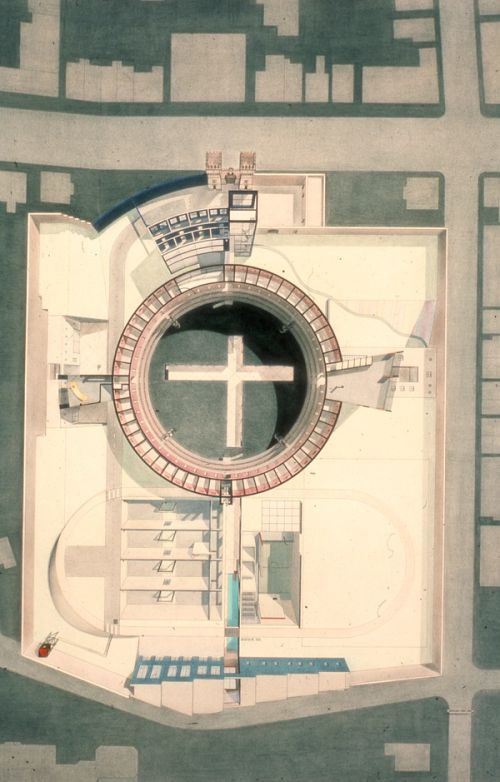 This organization allows for simultaneous use of the grounds in two shifts: one on the socle for sports, games, gardening; one in the socle.