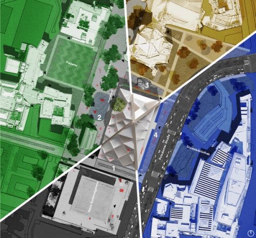 Two diagonals divide the site in four sectors. Each sector relates precisely to its context and responds directly to its own unique counterpart: the south sector to Mies, the West sector to the Church and the Gemäldegalerie’s piazzetta, opposite the Museum’s entrance, the north to the concert hall of Scharoun, the east to Motorway and Library.