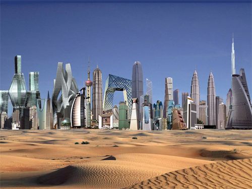 For those who didn't recognize it, this is a collection of masterpieces by architects in the last ten years. It's a skyline of icons showing, mercilessly, that an icon may be individually plausible, but that collectively they form an ultimately counterproductive and self-canceling kind of landscape. So that is out.