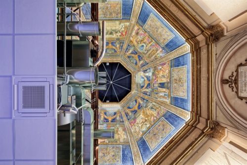 Room Two: Ceiling ...ceilings – traditionally iconographic, thin, and continguous with the underside of the floor above – became exponentially thicker over the last 100 years... Ceilings acquired three dimensionality, consisting of a large inaccessible section used as storage space for HVAC, plumbing, wiring, surveillance devices... The false ceiling is the sectional equivalent of poche – the cavity usually considered only in plan, in relation to walls.