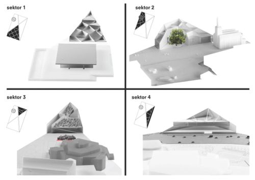 Sektor 1: The Mies side accommodates serene classical museum rooms turned at a diagonal to the Neue National gallery. The rooms extend in a cascade of outside terraces that are also used for open-air displays so that the museum can be experienced by anyone not inside. Sektor 2: To the West, the museum entry is organized opposite the piazzetta of the Gemäldegalerie around the Platane, surrounded by a sequence of interlocking, expressionistic spaces that accommodates the typical components of the contemporary museum: restaurant, shop, learning … All these functions are addressed both to the outside and to the interior of the Museum. Sektor 3: In the north, all places of assembly – stairs, auditoriums, meeting rooms, are concentrated in the third section on a continuous folded plane; the sloping roof outside acts as a public tribune that could accommodate the long proposed seating for open air concerts and other events: the roof transforms into a theatre while the street becomes a stage. Sektor 4: On the east sector, the ground floor space is used for temporary exhibitions. The hall can also act as an autonomous hall for congregations and assemblies not per se related to art.