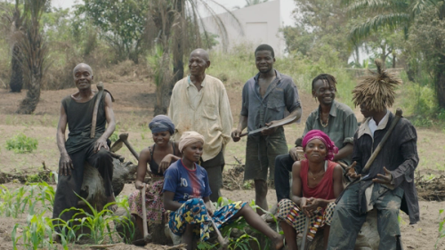 CATPC members (from left) Olele Mulela Mabamba, Huguette Kilembi, Mbuku Kimpala, Jeremie Mabiala, Jean Kawata, Irene Kanga, Ced’art Tamasla and Matthieu Kasiama (still from White Cube, Renzo Martens)