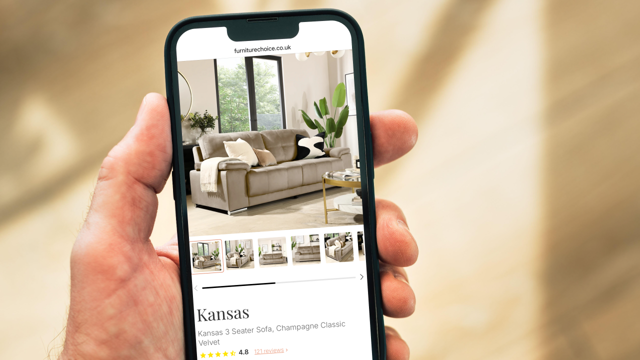 Furniture and Choice e-commerce website redesign on a mobile device showing a modern living room sofa set.