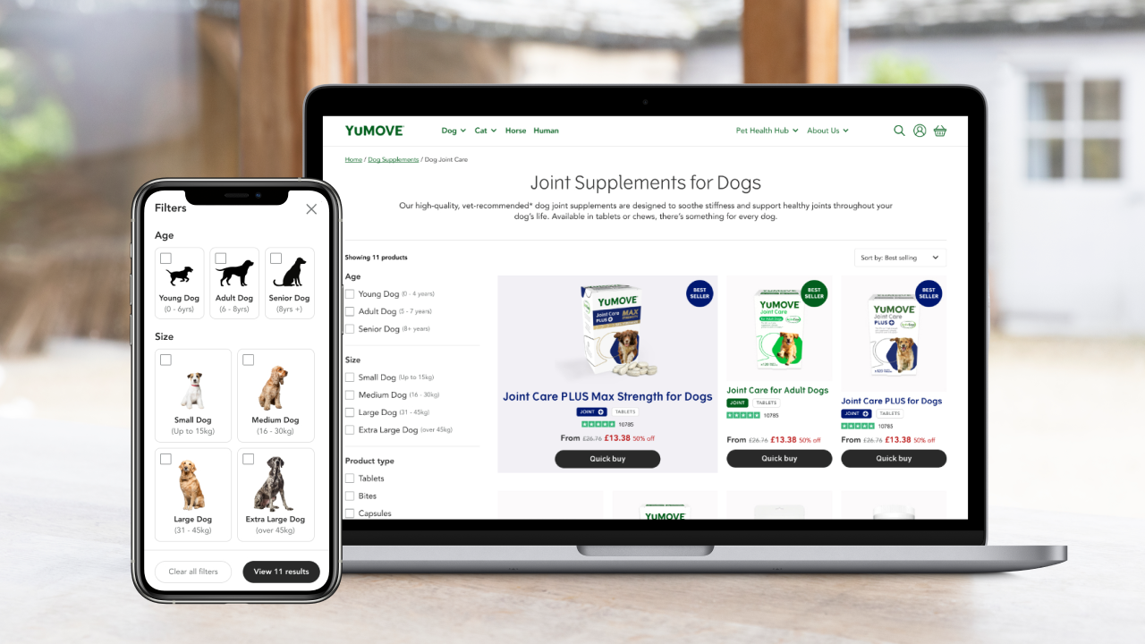 YuMOVE Shopify 2.0 ecommerce website redesign for pet joint supplements on mobile and desktop
