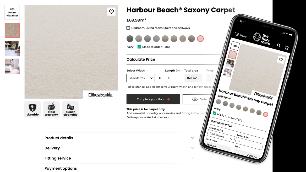 Storefront for The Floor Room featuring a user interface for a carpet page
