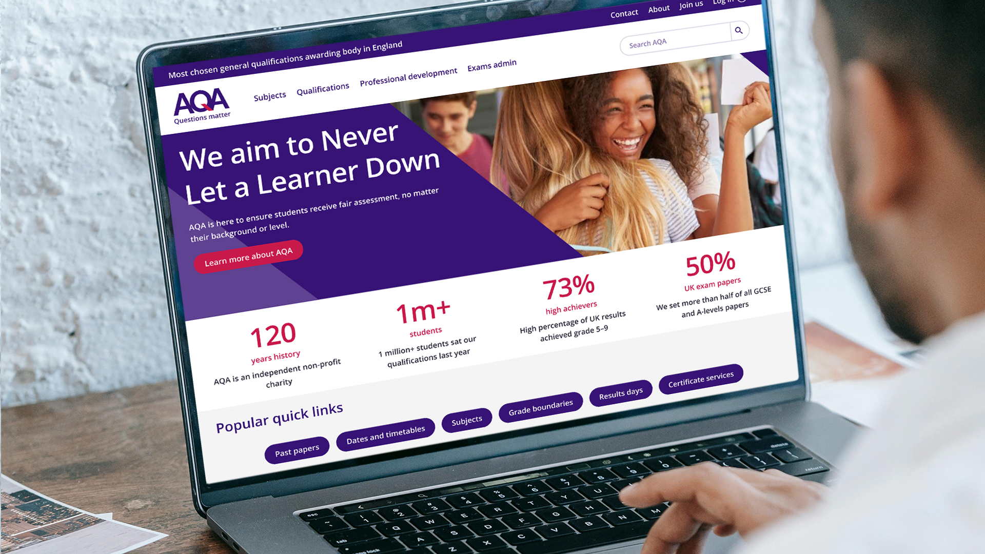 AQA digital platform showcasing exam resources and educational content for teachers and students