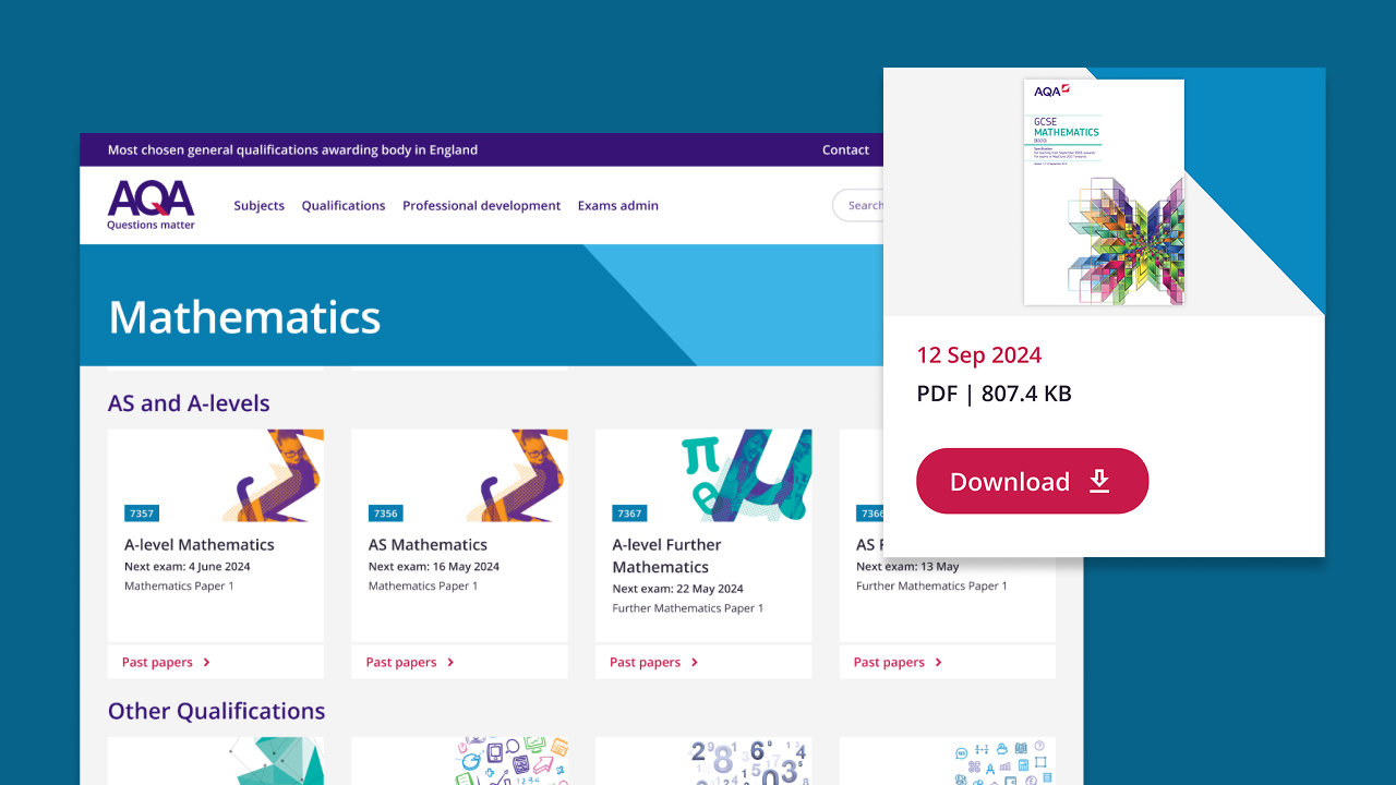 AQA exam board website featuring navigation and optimised search for educational specifications