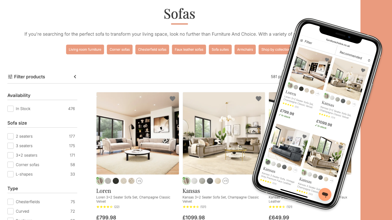 Modern Furniture and Choice website featuring the sofa category page