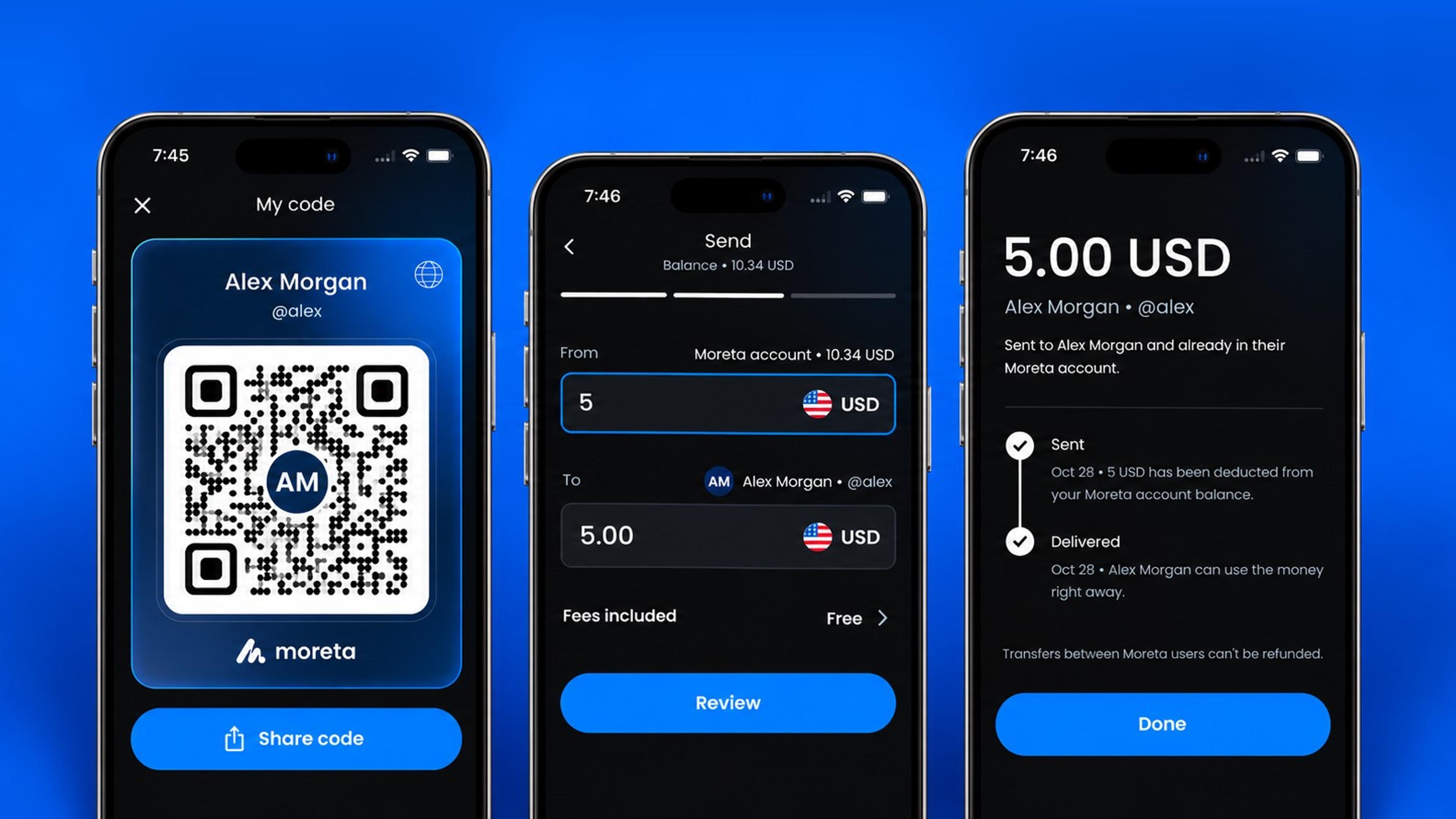Three Moreta app screens: a My code QR card for @alex, a Send screen for 5 USD with fees shown as Free, and a confirmation that 5.00 USD was delivered