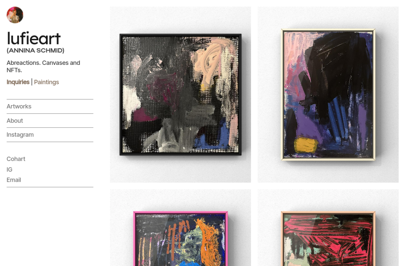 The Lufie Art portfolio: a grid of framed abstract paintings beside a sidebar reading "lufieart (Annina Schmid)".