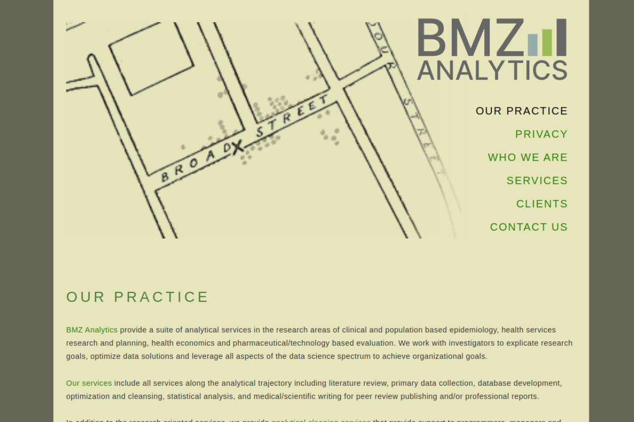 The BMZ Analytics homepage in pale yellow: an antique Broad Street map banner beside the logo, above an "Our practice" section on epidemiology and health-economics services.